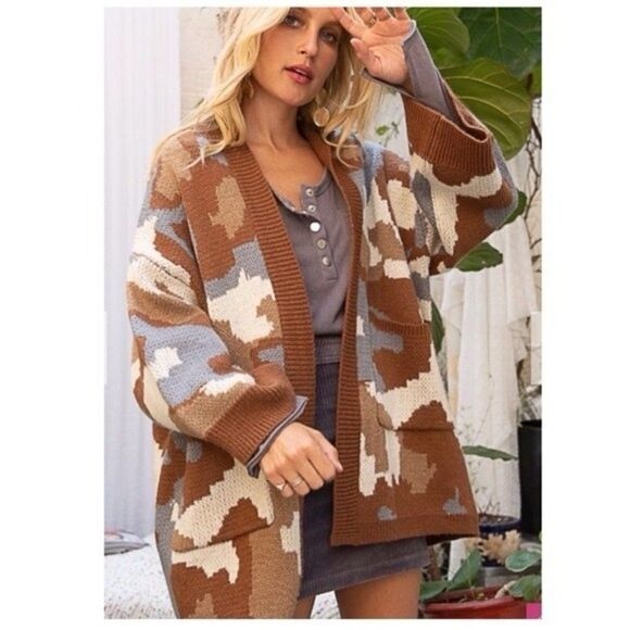 POL Neutral Camouflage open cardigan brown and blue with front pockets size L - Picture 12 of 12